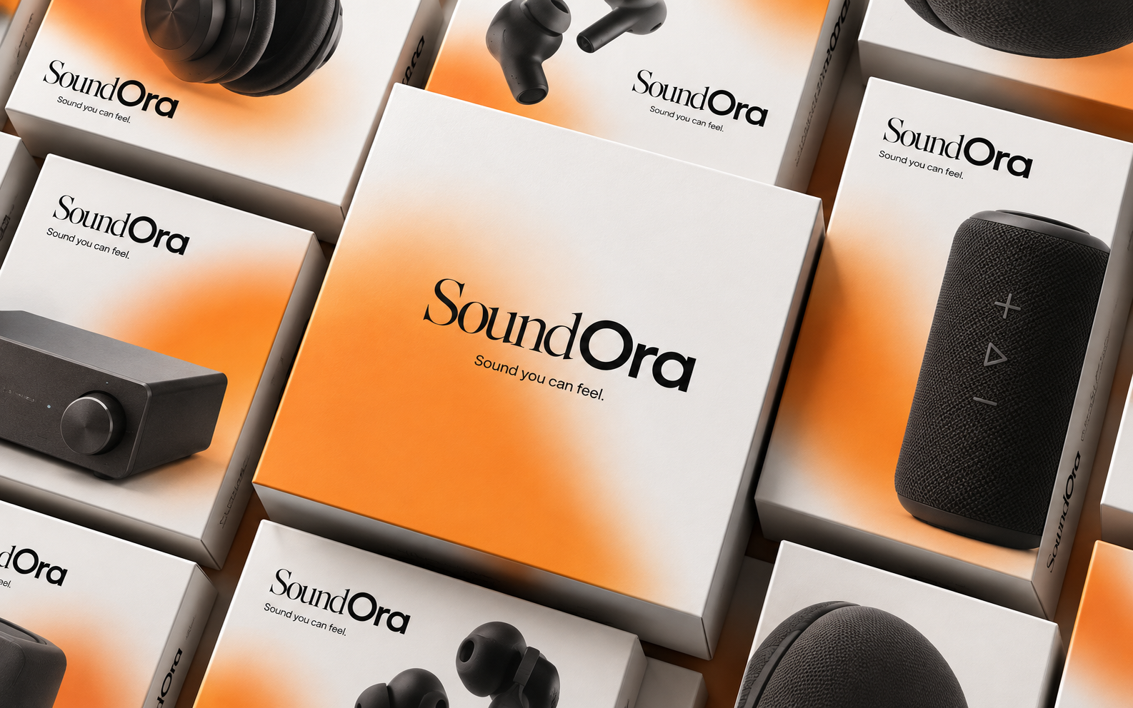 SoundOra branded audio products and packaging