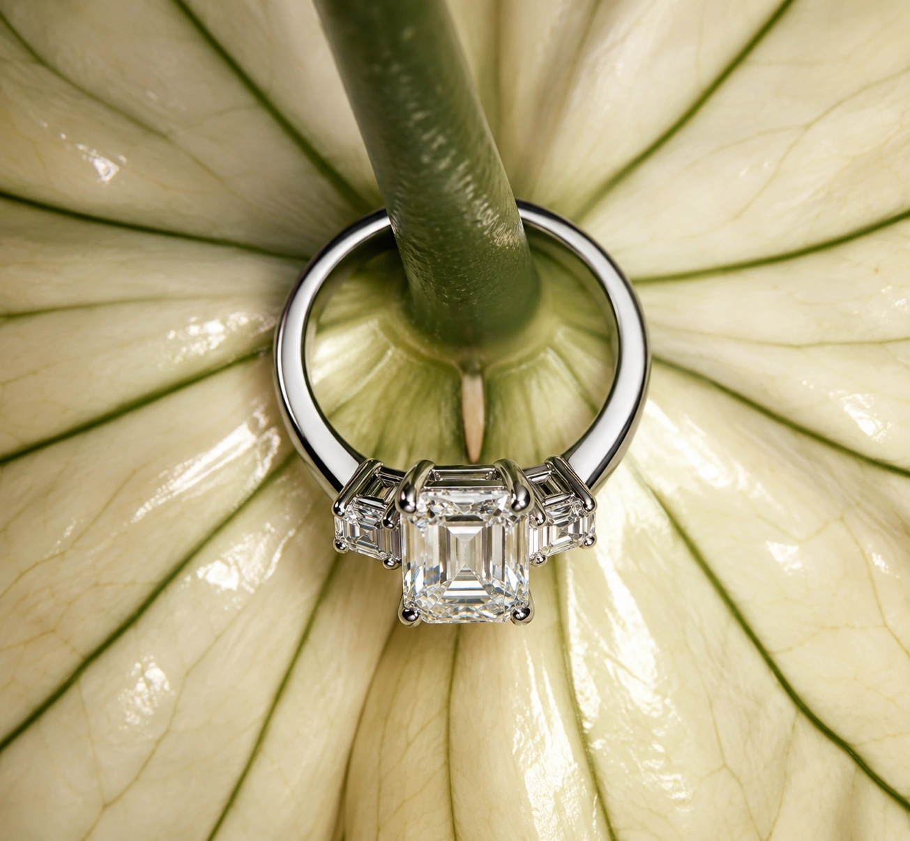 Diamond ring styled against a pale flower