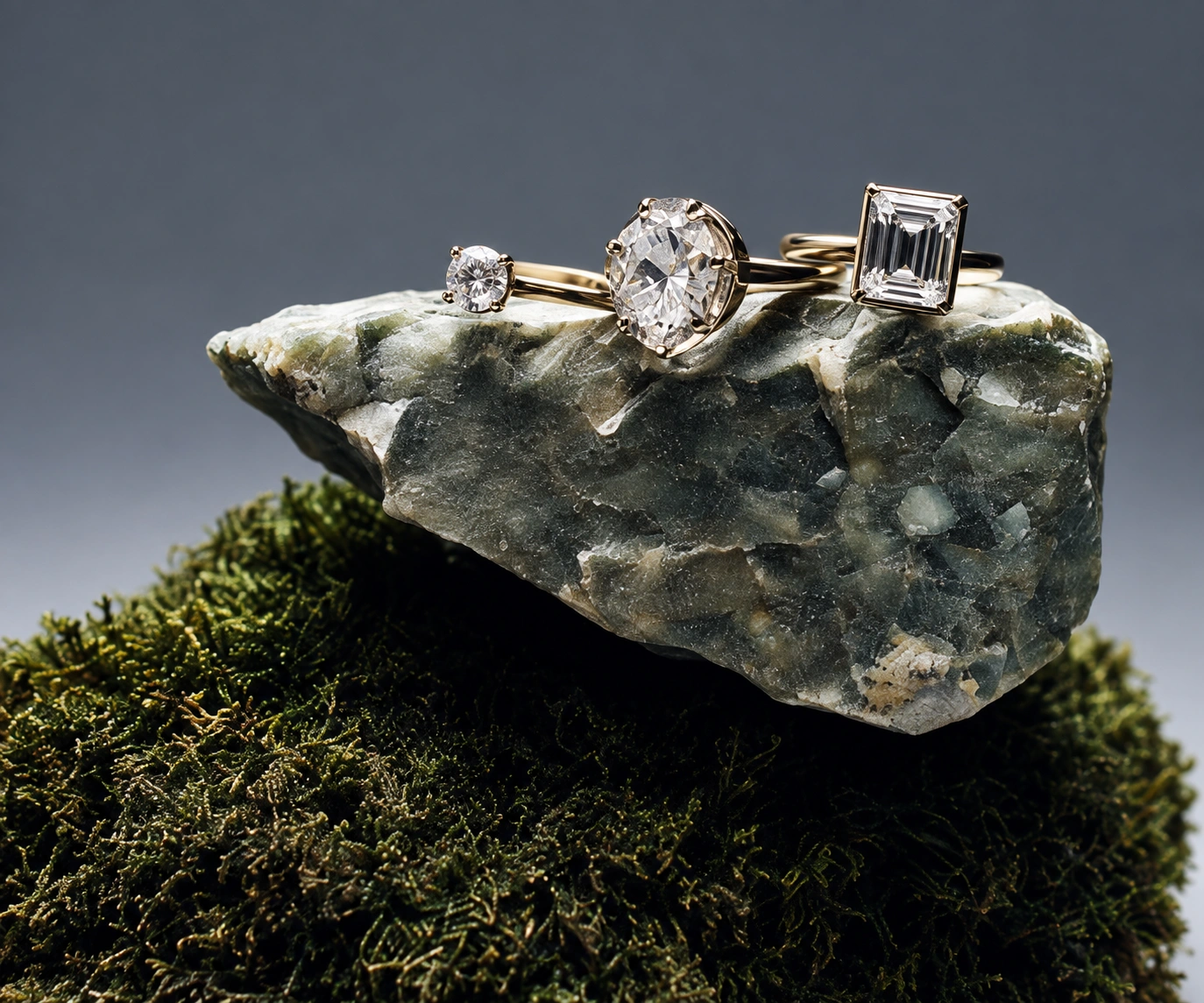 Three gold rings styled on a stone with moss