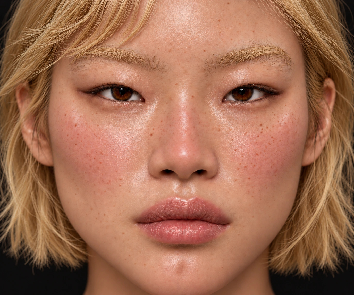 Blonde beauty portrait with glowing skin and blush