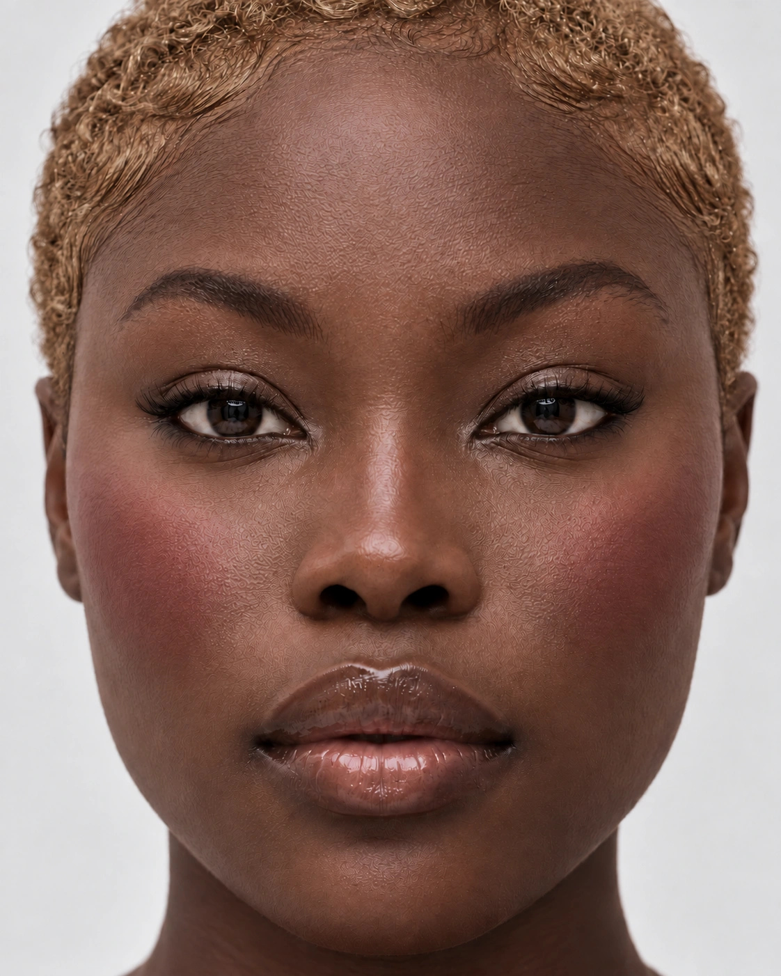 Beauty portrait with short blonde curls and blush