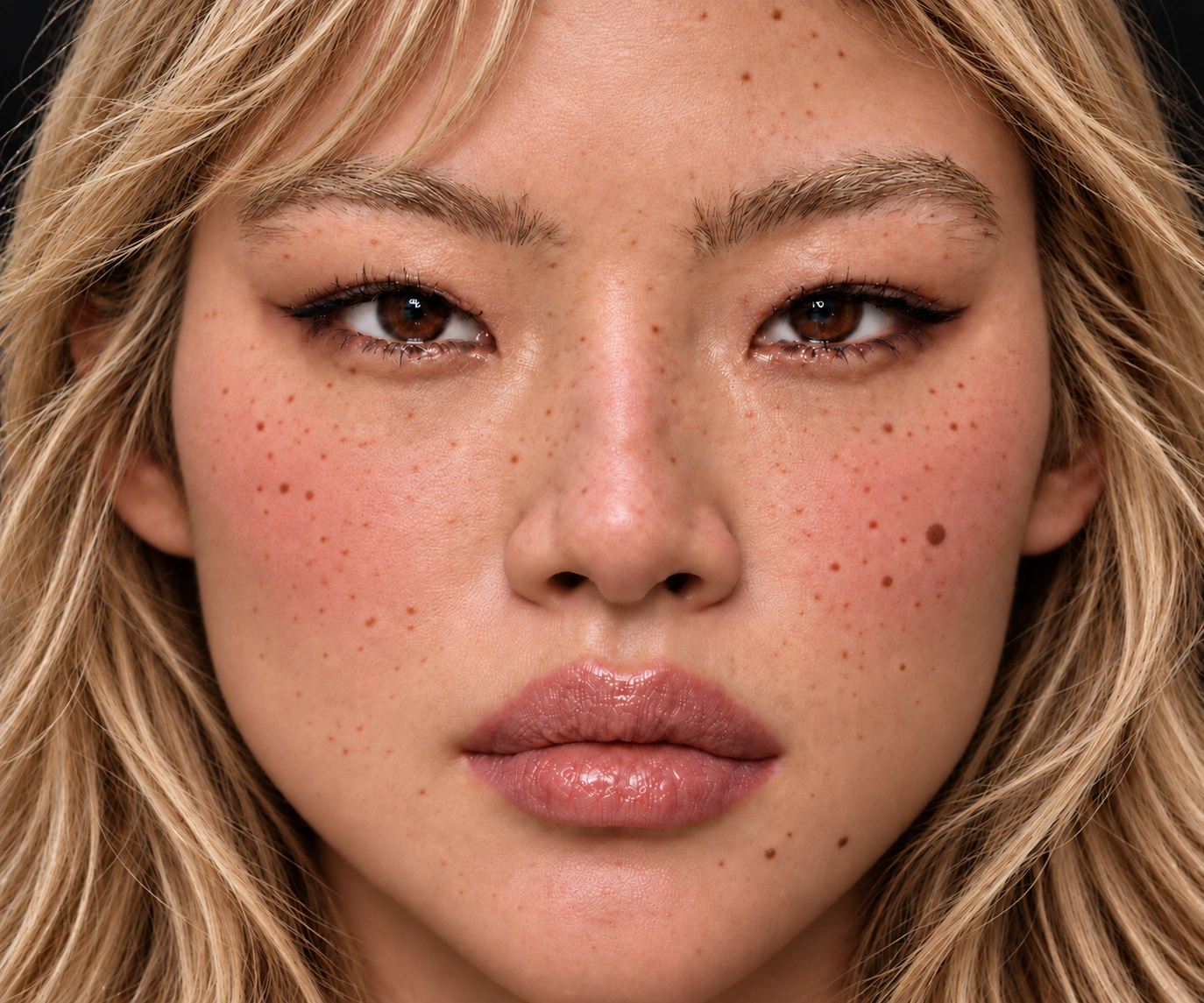 Close-up beauty portrait with freckles and detailed glowing skin