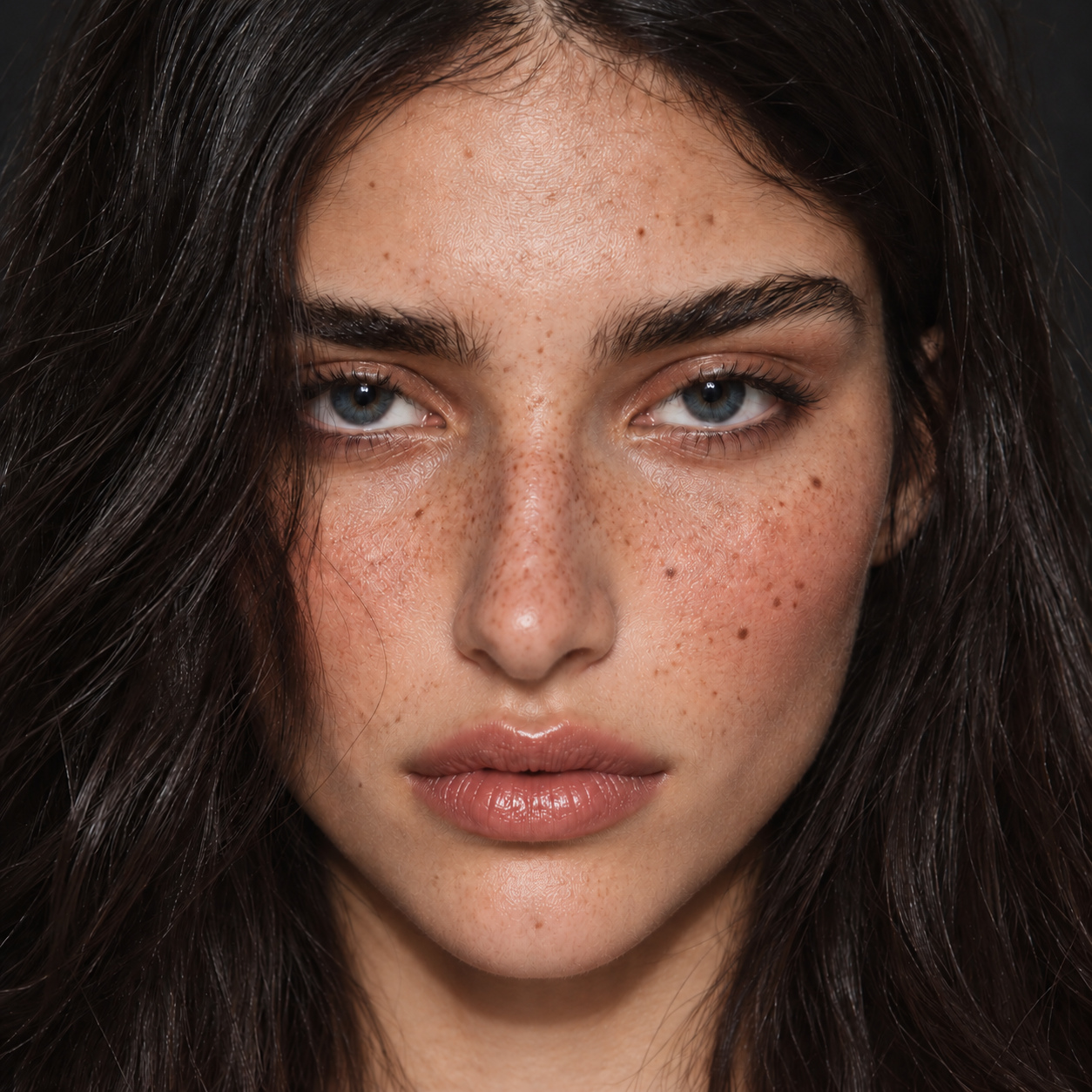 Beauty portrait with dark hair, blue eyes and freckles