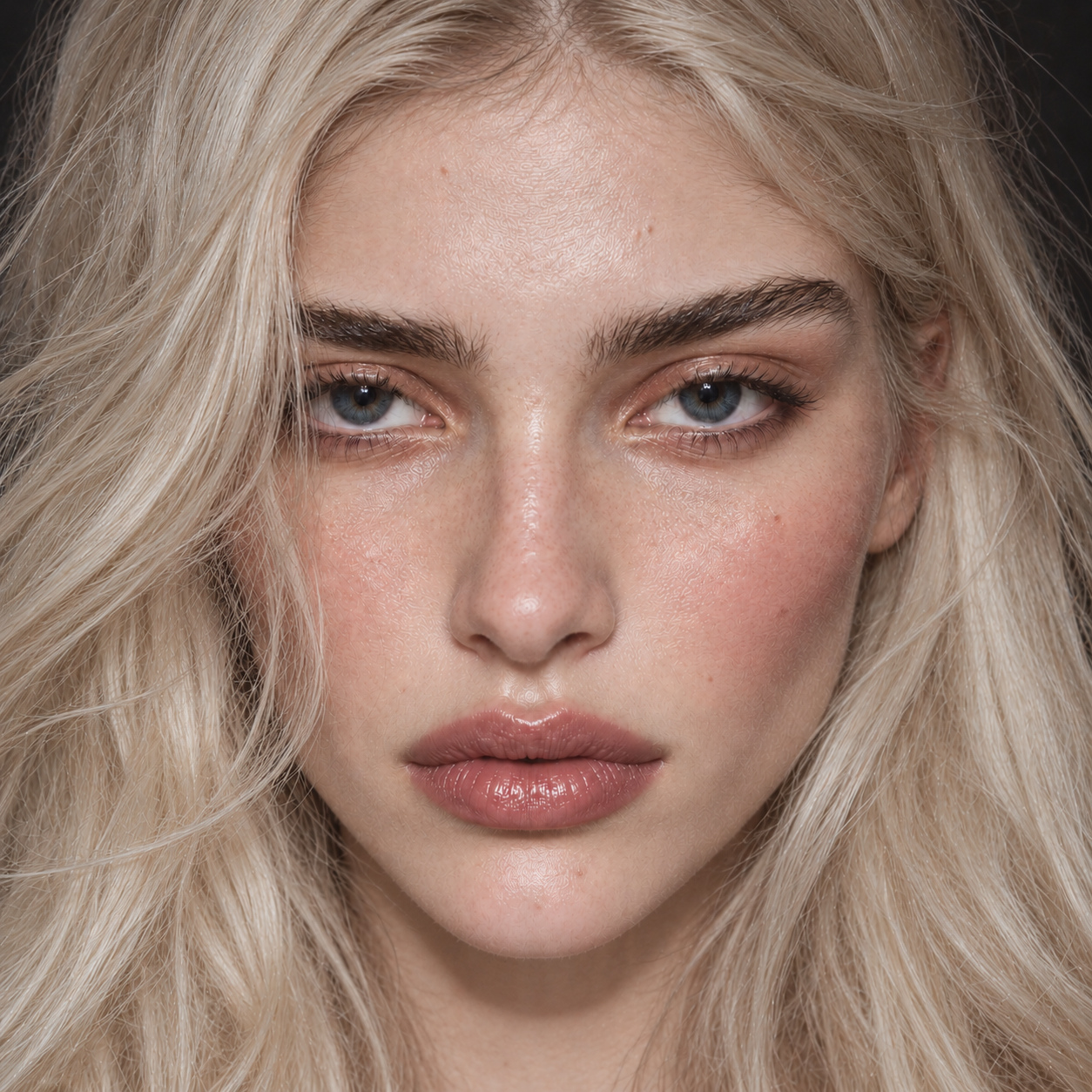 Beauty portrait with blonde hair, blue eyes and blush