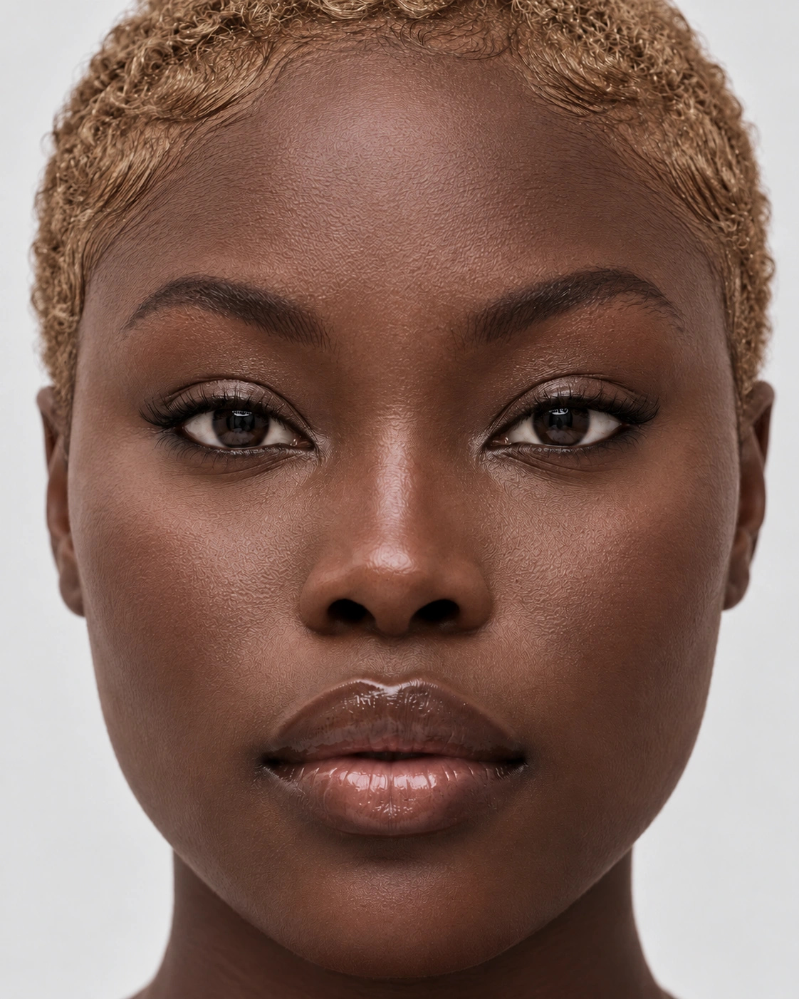 Beauty portrait with short blonde curls and glowing skin