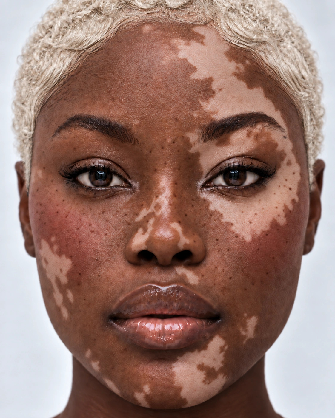 Beauty portrait with blonde curls and vitiligo