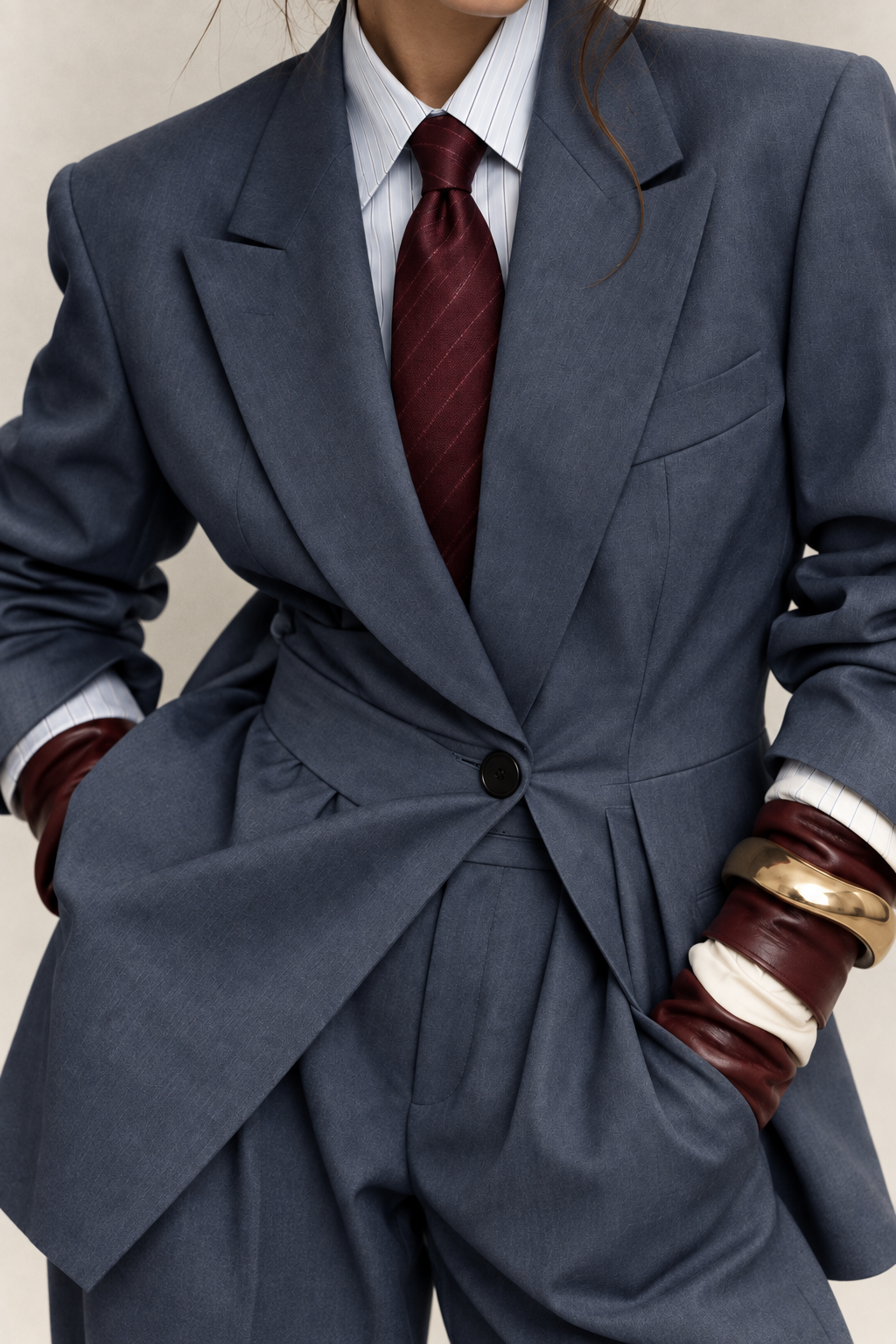 Blue made-to-measure tailoring detail without visible face