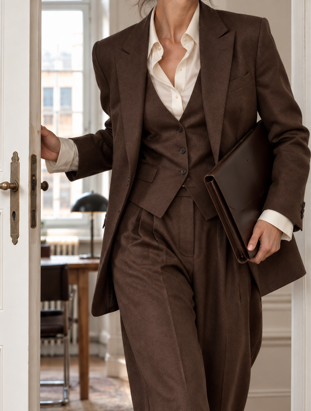 Brown tailoring detail without visible face